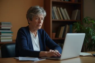 Femme préoccupée consultant des données personnelles sur un ordinateur portable dans un bureau à domicile, illustrant les enjeux de la vie privée et des pages blanches inversées