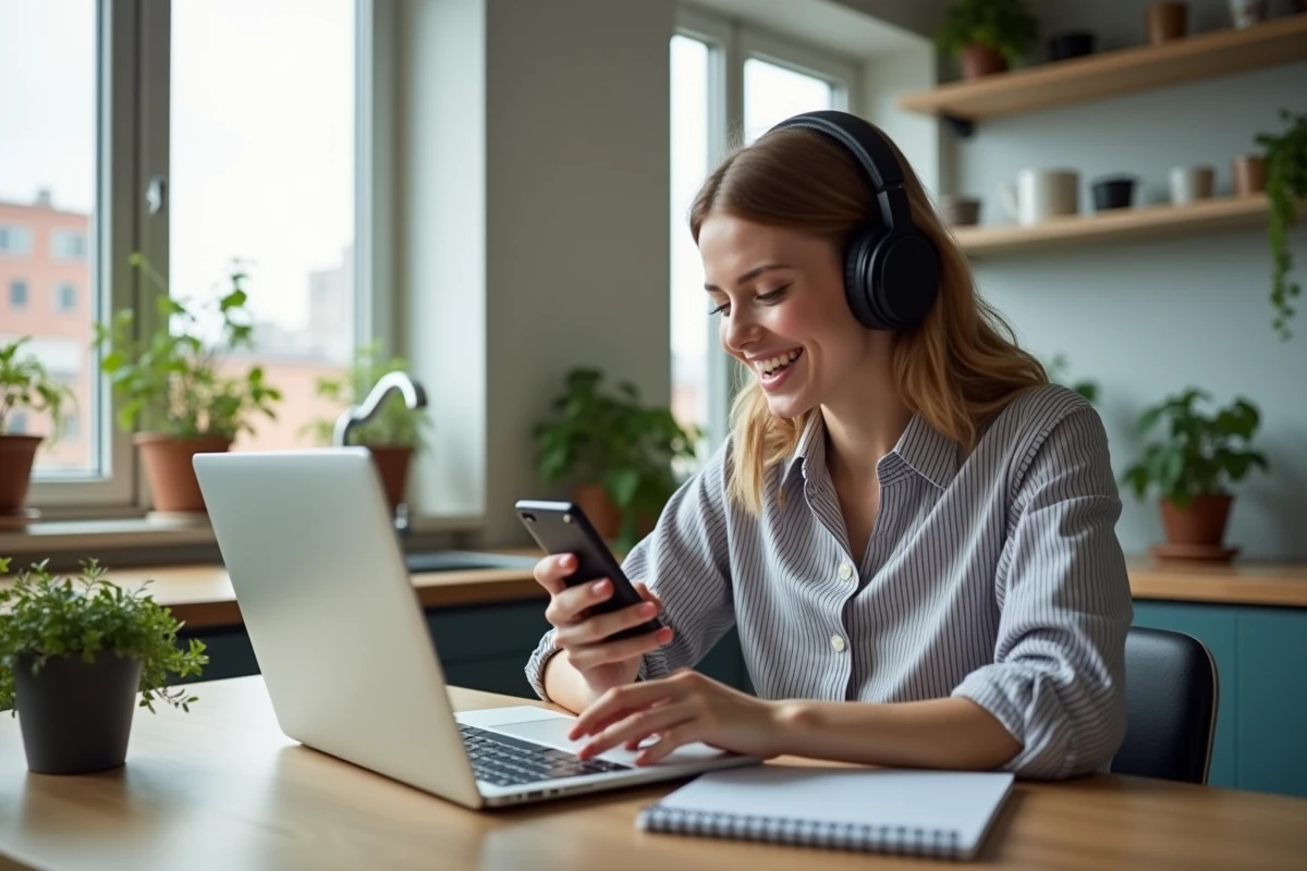 Jeune femme écoutant un podcast dans une cuisine lumineuse