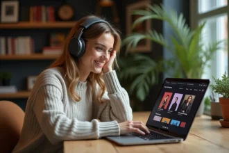 Femme avec casque écoute musique sur ordinateur dans un espace cosy