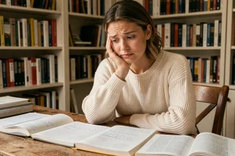 Femme étudiant la grammaire française avec des livres ouverts sur un bureau en bois, expression pensive face à une règle grammaticale complexe