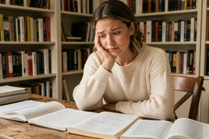 Femme étudiant la grammaire française avec des livres ouverts sur un bureau en bois, expression pensive face à une règle grammaticale complexe