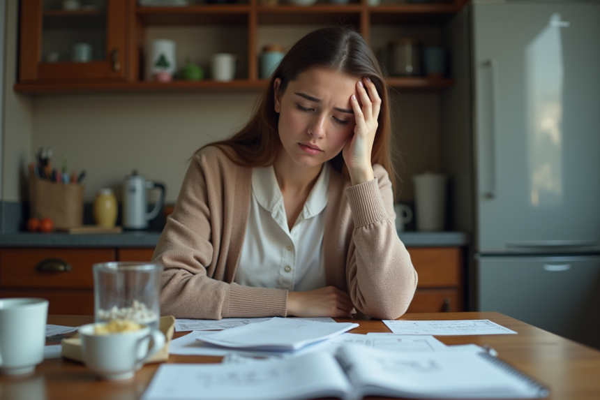 Jeune femme préoccupée par ses finances dans sa cuisine