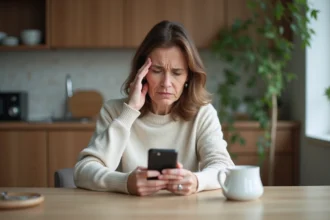 Femme inquiète avec smartphone dans la cuisine