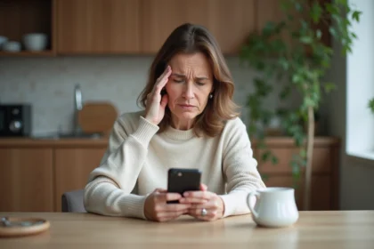 Femme inquiète avec smartphone dans la cuisine