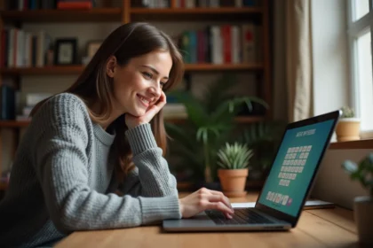 Jeune femme jouant à un jeu de devinettes de mots en français sur un ordinateur portable, concentrée devant son écran dans un bureau cozy