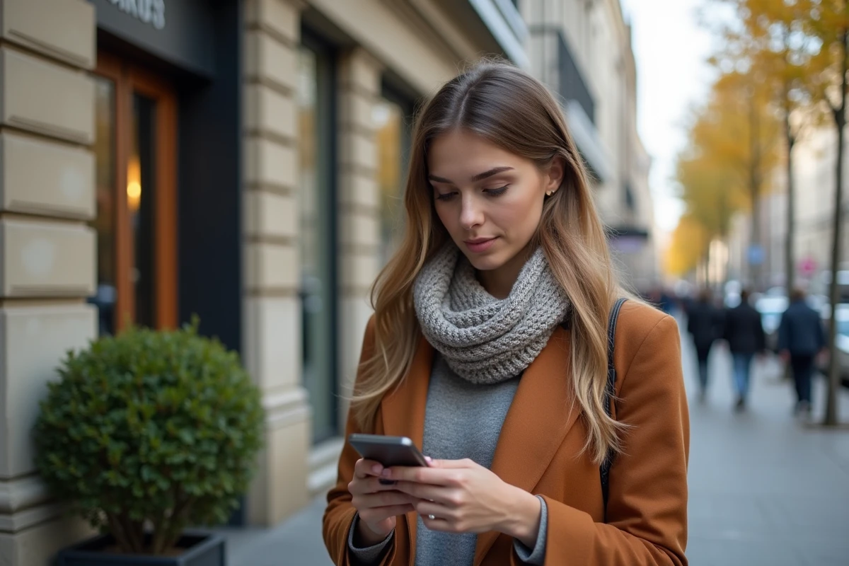 Jeune femme regardant son smartphone avec un prêt immobilier