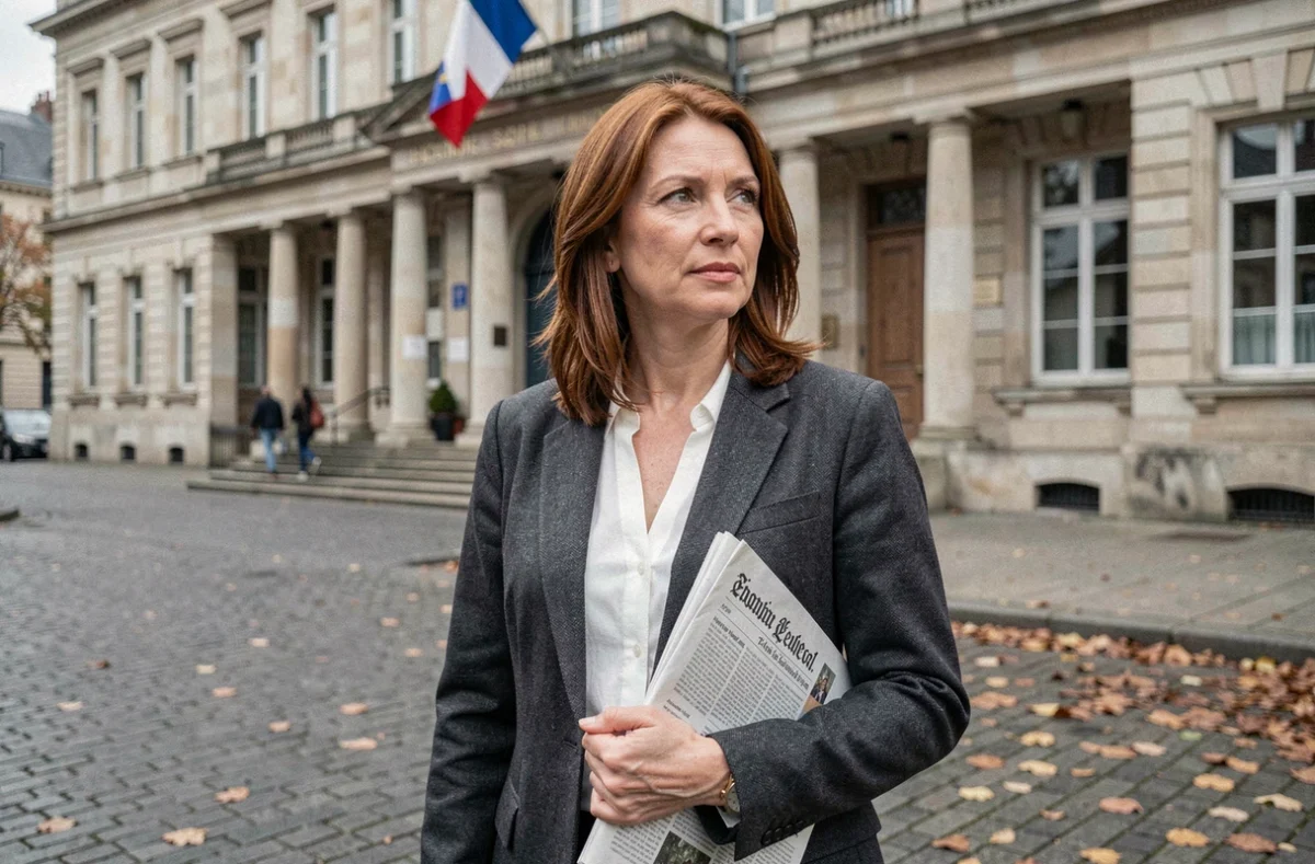Femme tenant un journal devant une mairie française en lien avec la polémique autour du nom Chauffroy