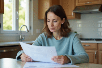 Femme en bleu lisant des documents de mortgage dans une cuisine lumineuse