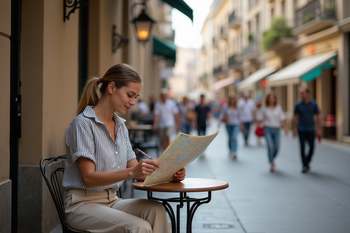 Femme lisant une carte dans un café en ville