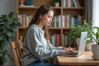 Jeune femme au salon lisant sur son ordinateur portable