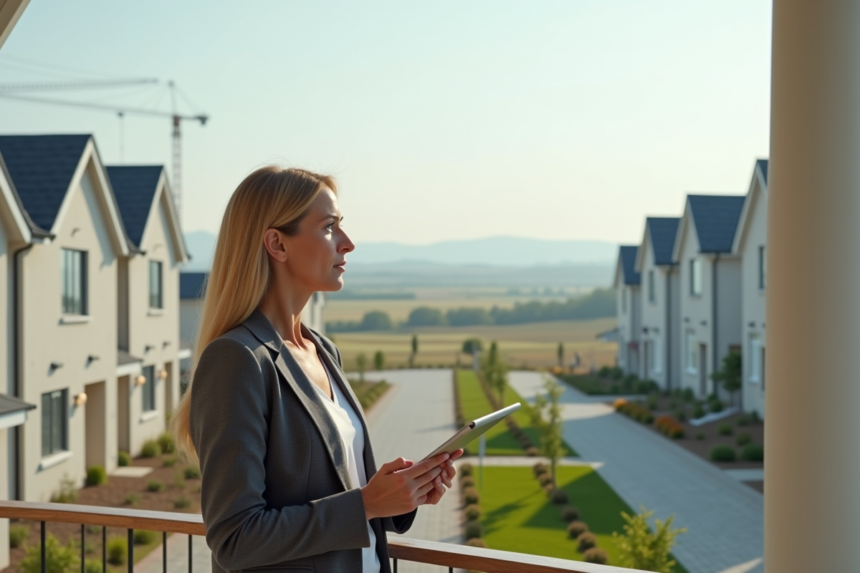 Femme d'âge moyen devant une maison neuve en banlieue