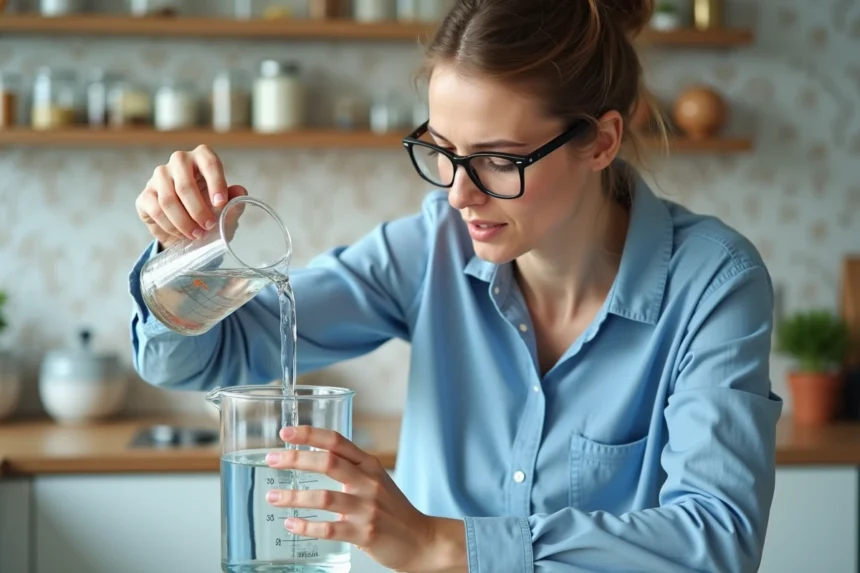 Femme versant de leau dans un verre mesureur à la maison