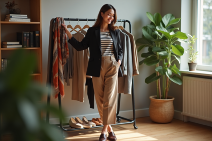 Femme élégante en blazer et foulard dans une chambre lumineuse