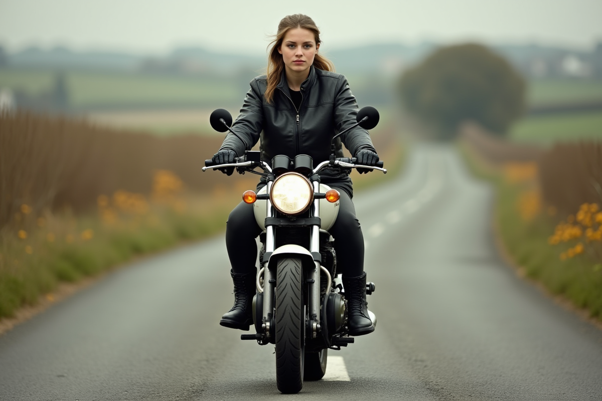 Jeune femme en moto dans la campagne