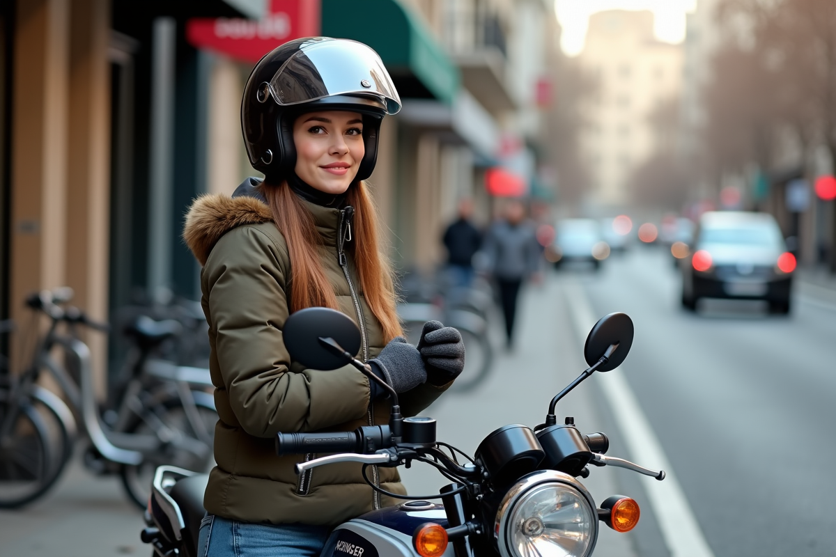Femme en équipement de touring à côté de sa moto en ville