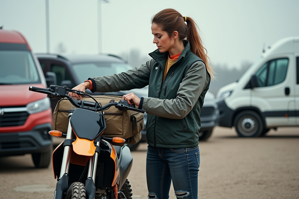 Femme motocross attachant un sac sur sa moto en paddock