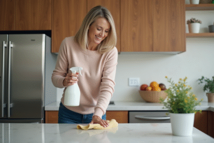 Femme en train de nettoyer la cuisine avec spray et chiffon