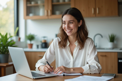 Jeune femme organisée travaillant à son bureau lumineux