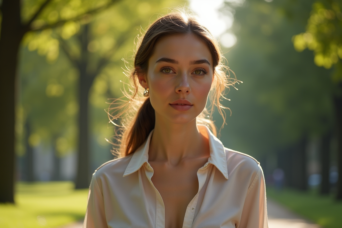 Femme élégante marchant dans un parc parisien