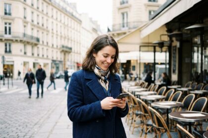 Jeune femme souriante devant un café parisien