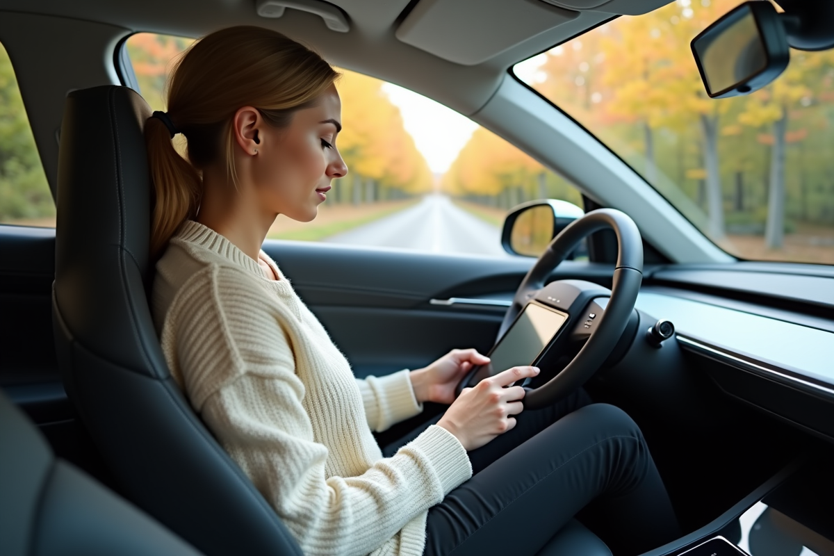 Jeune femme utilisant une tablette dans une voiture autonome