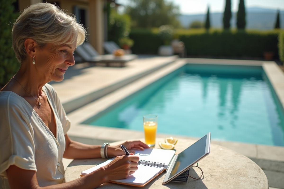 Femme lisant un plan de voyage au bord de la piscine