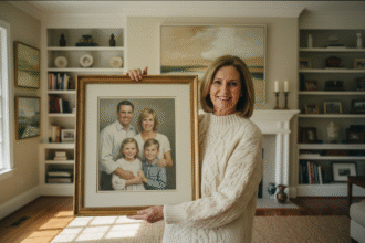 Femme souriante tenant un portrait de famille dans un salon chaleureux