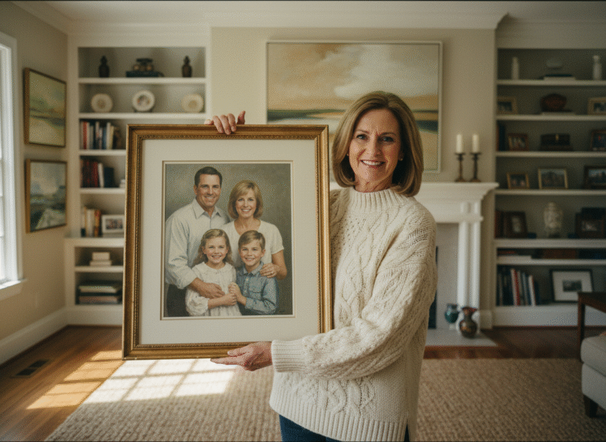 Femme souriante tenant un portrait de famille dans un salon chaleureux