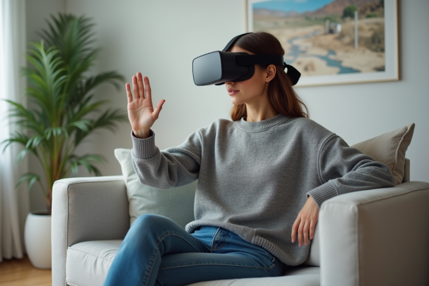 Jeune femme portant un casque de réalité virtuelle dans un salon