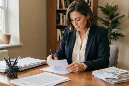 Femme professionnelle rédigeant une adresse postale sur une enveloppe blanche à son bureau