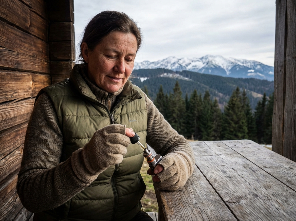 Femme remplissant son ecigarette sur la terrasse d