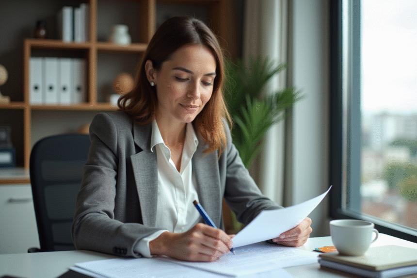 Femme d'affaires examine des documents de prêt immobilier