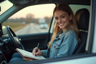Jeune femme souriante écrivant ses dépenses de voyage dans une voiture