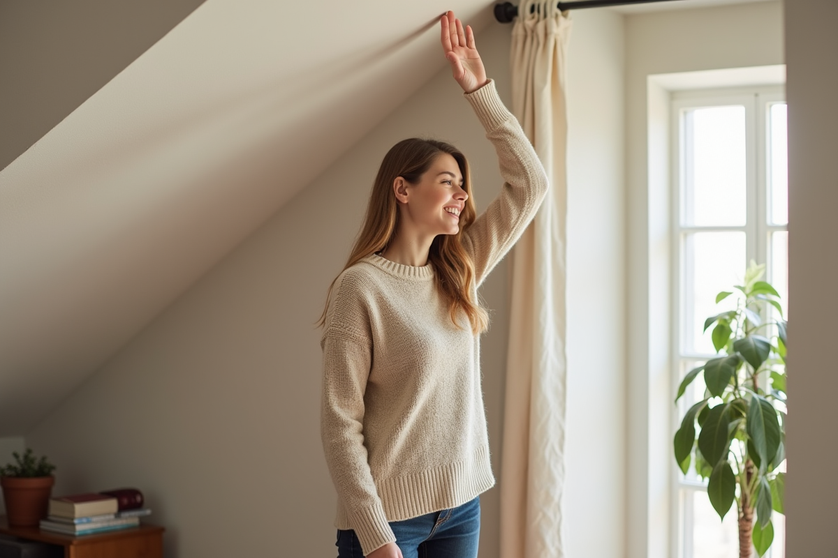 Jeune femme souriante sous plafond fini dans son salon