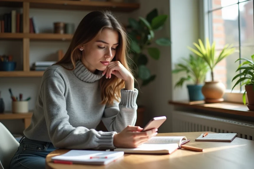 Jeune femme concentrée sur son smartphone à la maison