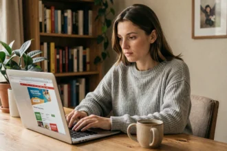 Femme consultant un site de coupons de réduction sur son ordinateur portable depuis son bureau à domicile