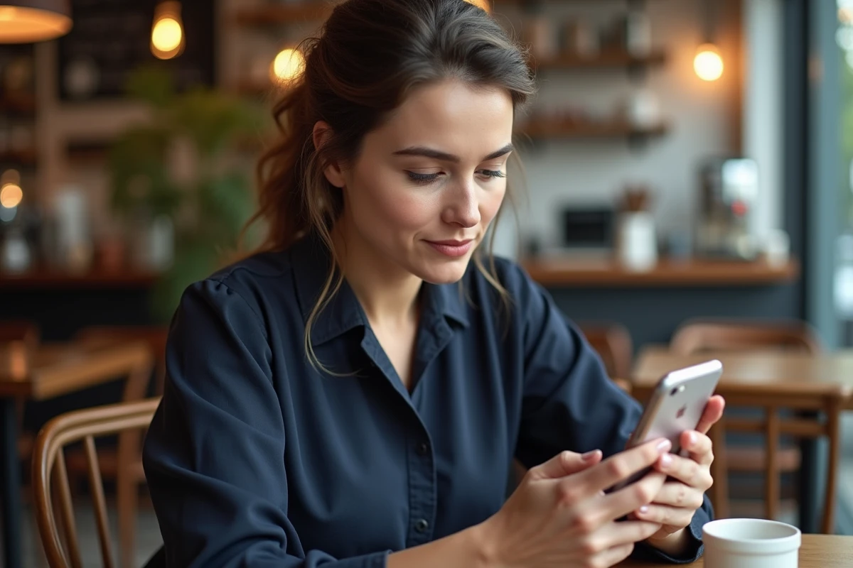 Femme vérifiant un SMS bloqué sur son téléphone Android dans un café urbain