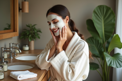 Femme appliquant un masque visage naturel dans une salle de bain apaisante