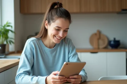 Femme souriante utilisant une tablette dans une cuisine lumineuse
