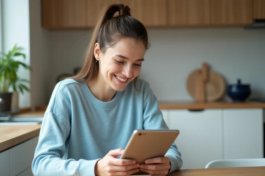 Femme souriante utilisant une tablette dans une cuisine lumineuse