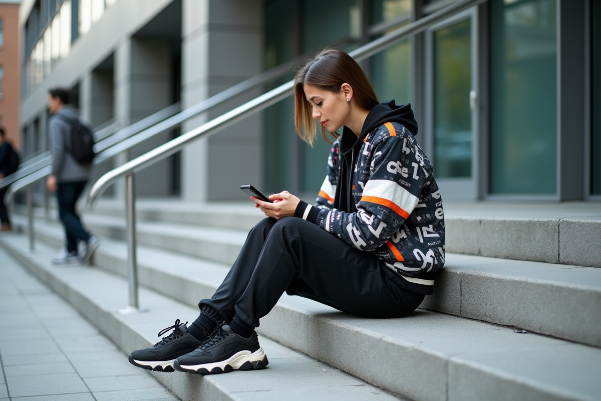 Femme stylée en streetwear assise dehors