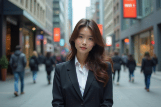 Jeune femme en tailleur dans une ville moderne