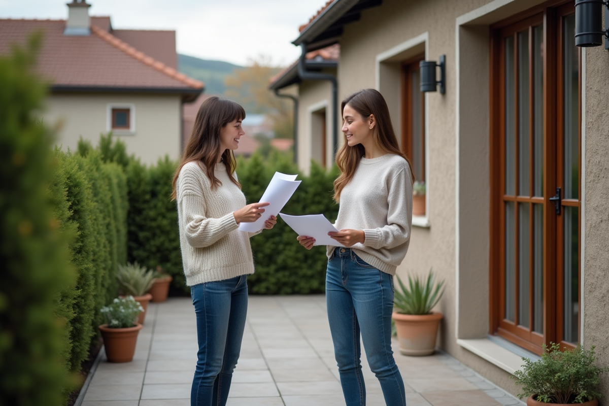 Jeune femme en casual discute avec agent immobilier sur la terrasse