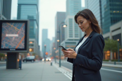 Femme d'âge moyen dans la ville regardant son smartphone