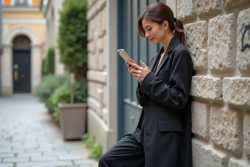 Femme confiante en blazer oversized dans la rue urbaine