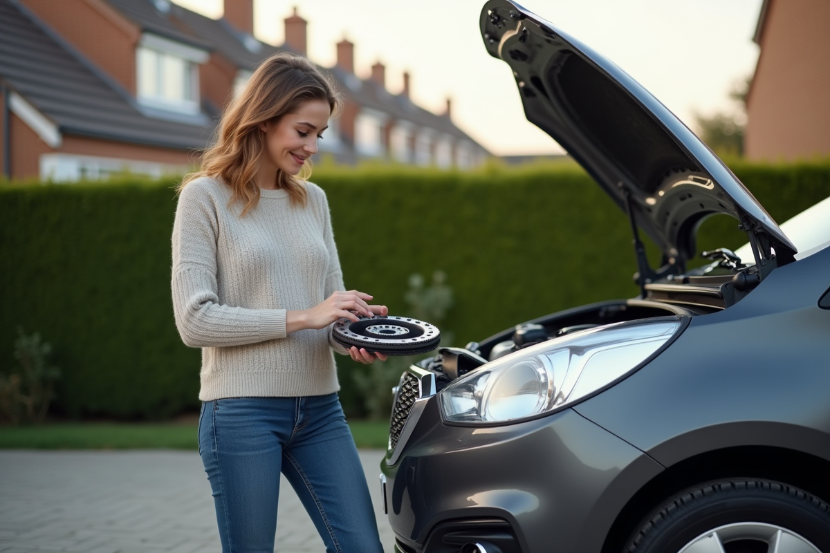 Jeune femme examine un volant moteur sur un établi extérieur