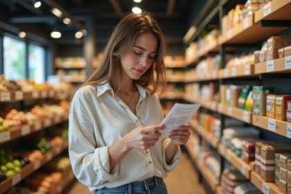 Jeune femme examine une étiquette dans un magasin bio