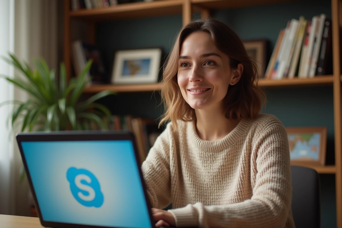Femme en vidéo appel avec ordinateur dans un bureau cosy
