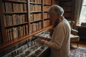 Femme âgée examinant des tampons encreurs vintage dans un bureau chaleureux