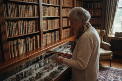 Femme âgée examinant des tampons encreurs vintage dans un bureau chaleureux